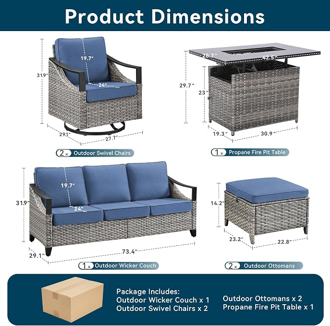 Outdoor Patio Furniture Set with 42.5" Fire Pit Table-6 Pieces All Weather Wicker Outdoor Furniture with High Back Swivel Patio Chairs Set of 2 Outdoor Patio Conversation for Deck Garden Blue/Gray
