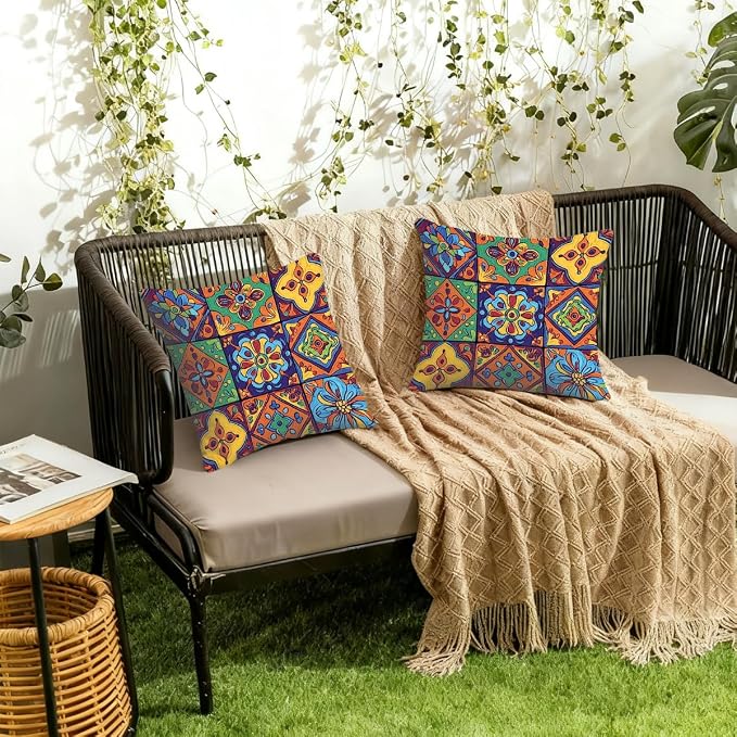 22x22 Inch Outdoor Pillow Covers Set of 2 Waterproof Throw Pillow Covers Decorative Couch Cushion Covers Mexican Floral Checkered Square Pillowcases Protectors for Patio Garden Sofa