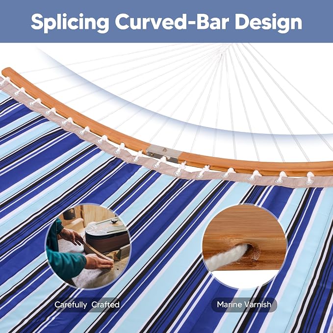 SUNCREAT Portable Hammock with Carrying Bag, 2 Person Hammock with Curved Spreader Bar, Blue Stripes