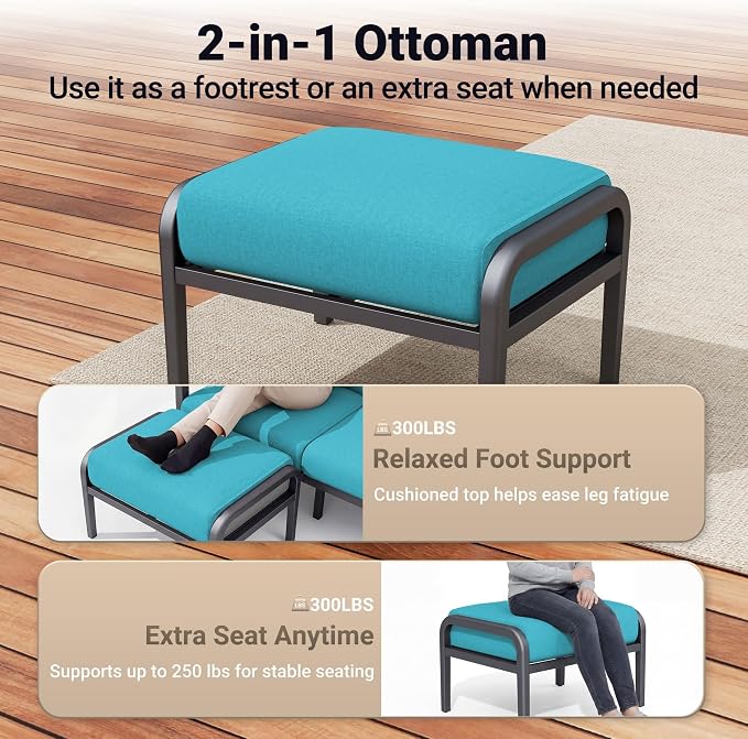 Aluminum Swivel Rocking Chairs with Ottomans, 5-Piece Outdoor Patio Furniture Set, Metal Gliders with Side Table, Wood-Like Armrests & 5.1" Thick Cushions for Porch, Blue