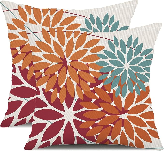 DFXSZ Pack of 2 Outdoor Waterproof Throw Pillow Covers 18x18 Burnt Orange | Polyester Colorful Spring Summer Floral Decorative Cushion Cases(NO INSERT),For Couch Patio Funiture Garden Home Decor