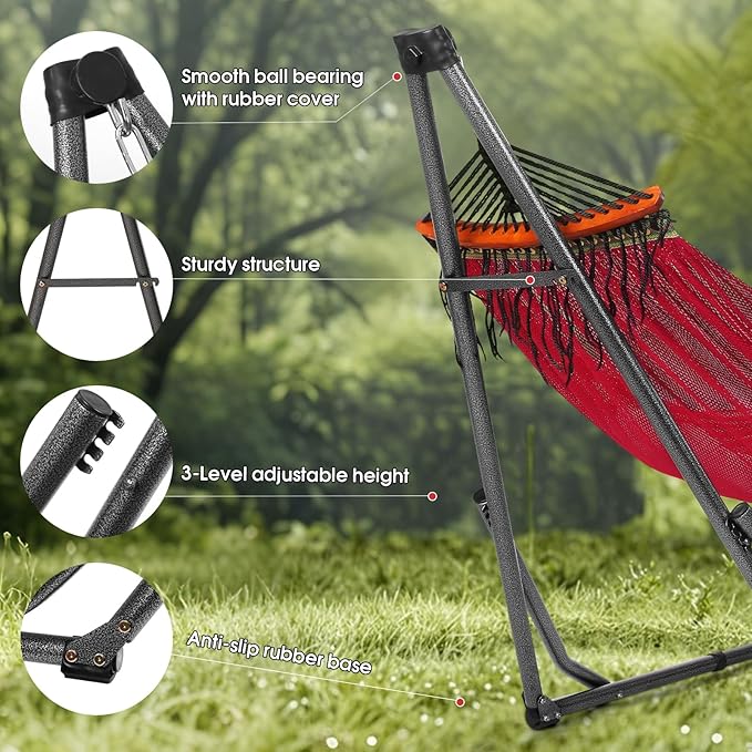 Goutime Collapsible Hammock Stand with Carry Bag, 550lbs,Portable,Red | 3 level adjustable up to 10ft, double layer hammock net, fits indoor, yard, camping, and outdoor use