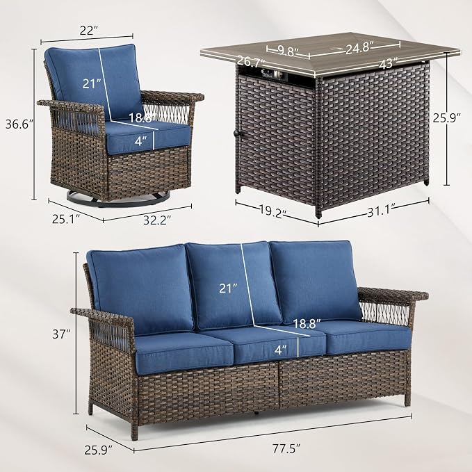 Patio Furniture Set with Fire Pit Table, 4PCS Patio Conversation Set Brown Resin Wicker Swivel Patio Chair and Sofa with 41in Rectangular Fire Table PE Rattan Patio Furniture Set