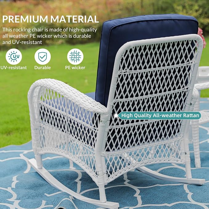 MEETWARM 4 Pieces Outdoor Wicker Patio Conversation Sets with Glider Loveseat, 2 Chairs with Coffee Table Wicker Rocking Chair Set, Patio Furniture Set with Thickened Cushions, White/Navy