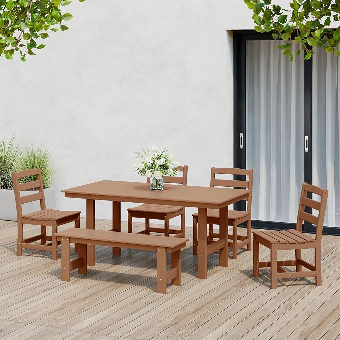 Costaelm Palms 6-Piece Outdoor HDPE Patio Dining Table Set with Bench, Teak