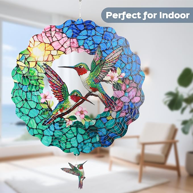 Hummingbird Wind Spinner, 12 Inch Stainless Steel Metal Wind Spinners, 3D Kinetic Hanging Sculpture, Indoor/Outdoor Garden Decor, Yard Art, Hummingbird Gifts for Women, Men, Mom, Dad, Grandma