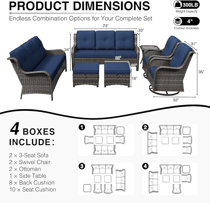Joyside 7 Piece Wicker Patio Furniture Set, Outdoor Swivel Rocker Patio Chairs with High Back, Deep Seating, Wide Armrest, Thickened Cushions, Outdoor Furniture for Deck, Porch Use