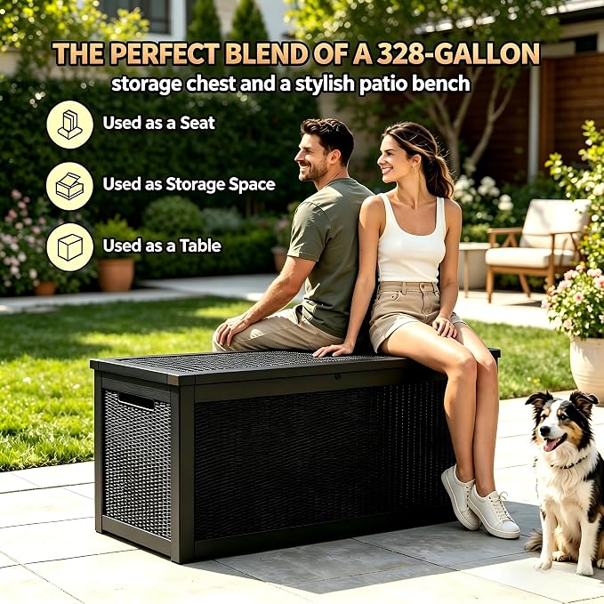 328 Gallon Waterproof Outdoor Storage Box, Heavy Duty Resin Deck Box Lockable, Large Outside Patio Storage Bench for Garden Tools & Pool Accessories, Hydraulic Lift, All-Season UV-Resistant, Black