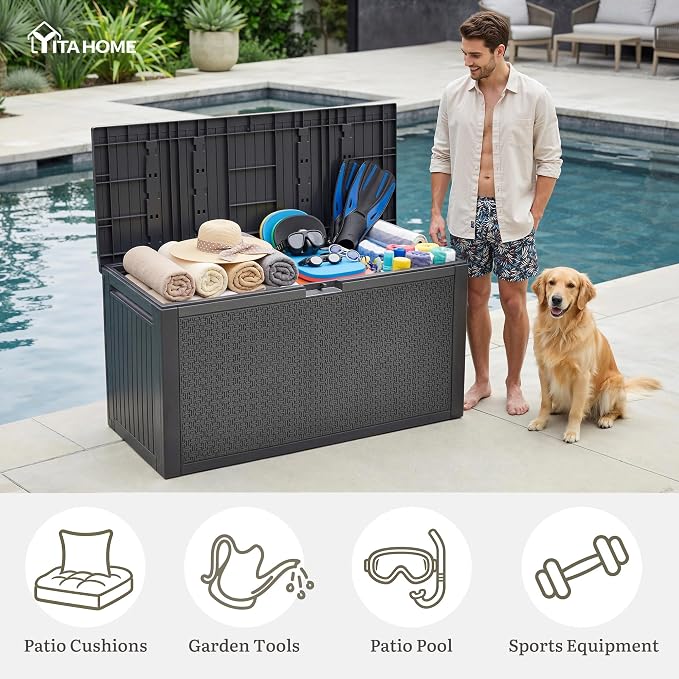 YITAHOME 95 Gallon Outdoor Storage Deck Box, Waterproof Resin Deck Box w/Handles, Lockable Outdside Deck Box for Patio Furniture, Garden Tools, Lockable & UV Resistant(Dark Gray)