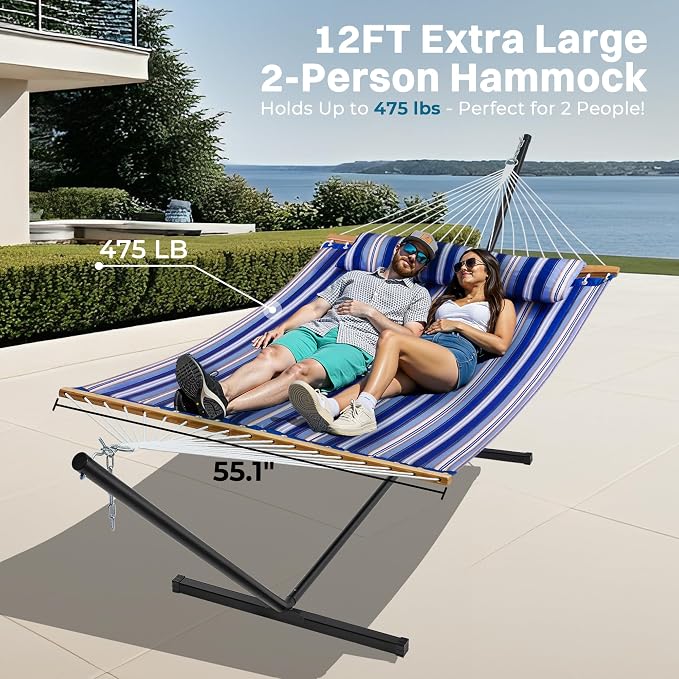 SUPERJARE Hammock with Stand, 2 Person Quilted Outdoor Hammock, Detachable Pillow & Bamboo Spreaders, Portable Hammock with Carrying Bag, Heavy Duty Stand, Perfect for Outside, Navy Blue Stripe