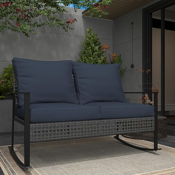Ainfox Outdoor Wicker Loveseat Rocking Chair, Patio Rattan Rocker Chair with Cushions，All-Weather Modern Cozy Rocking Wicker Furniture for Garden Backyard Porch, Grey