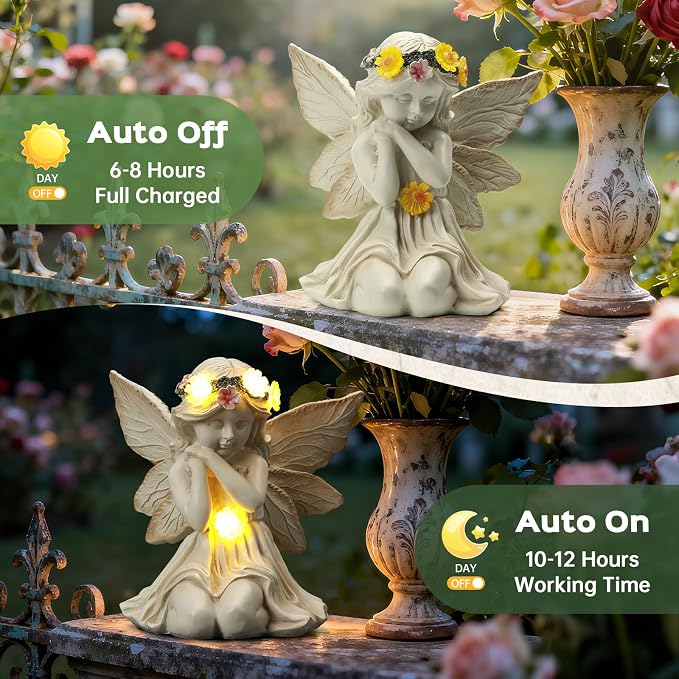 Solar Angel Garden Statue Outdoor Decor for Mother's Day, Fairy Figurine with Garland Flower Light, Cemetery Decoration for Grave, Yard, Patio, House Warming Birthday Gifts for Women, Mom
