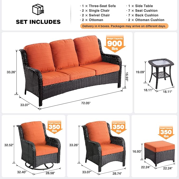 ovios 8 Pieces Patio Furniture Set with Swivel Rocking Chairs, Outdoor Wicker Sofa Couch Comfy Cushions, All Weather High Back Modern Conversation Set, Brown Rattan, Orange Red