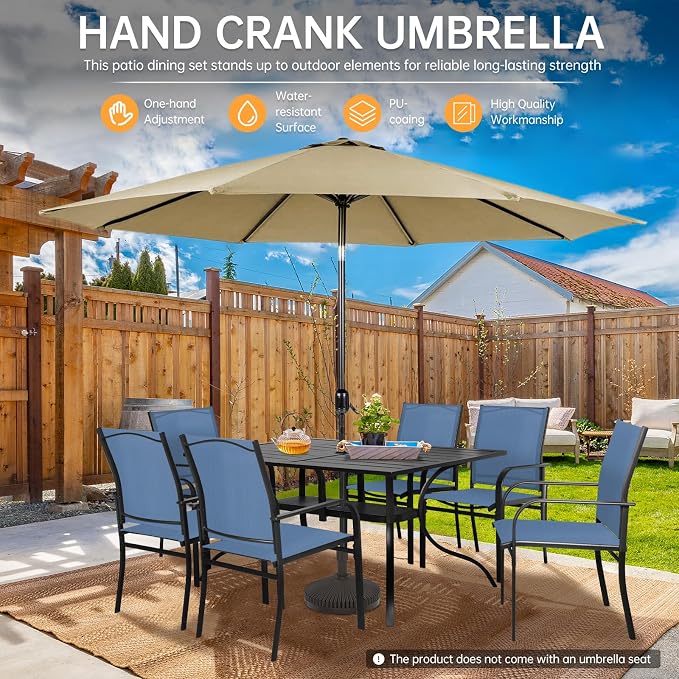 SUNCROWN 8 - Piece Outdoor Dining Set, Patio Furniture Set with 6 Textilene Dinning Chairs, 1 Rectangle Metal Table and 1 Brown 9Ft Patio Umbrella for Lawn Garden Backyard Deck, Blue
