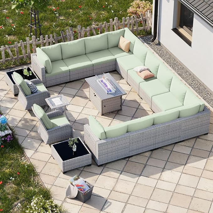 18-Piece Patio Furniture Set, Outdoor Patio Furniture with 55,000 BTU Fire Pit Table, Swivel Chairs Set, Thick Cushions, Modular Patio Sofa, Dual-Strand Wicker Rattan, Rust-Resistant Frame,Light Green