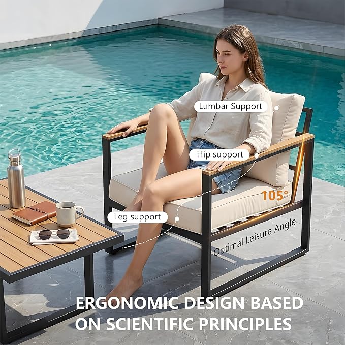 Modern Patio Furniture Set, 4 Pieces Outdoor Conversation Set with Coffee Table, Metal Patio Furniture with 4" Washable Foam Cushions, Ships in 1 Box, Beige