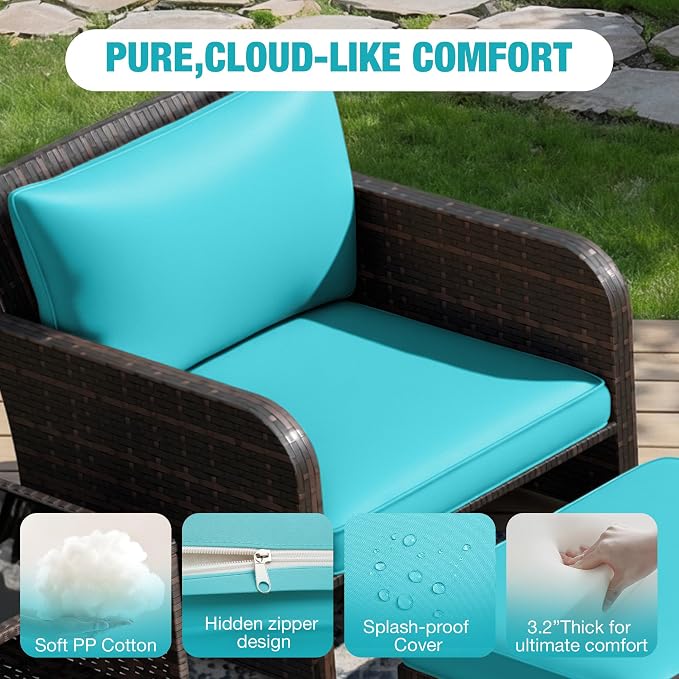 LEVELEVE Patio Conversation Set 5 Piece, Balcony Furniture Outdoor PE Rattan Wicker Lounge Chairs with Soft Cushions, 2 Ottomans & Glass Table for Porch Lawn, Brown (Lake Blue Cushions