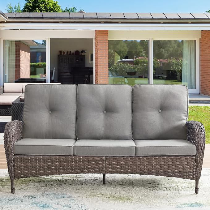 HUMMUH Outdoor Patio Couch with Thick Cushions Patio Sofa for Deck Lawn Porch Balcony Poolside-Brown/Grey