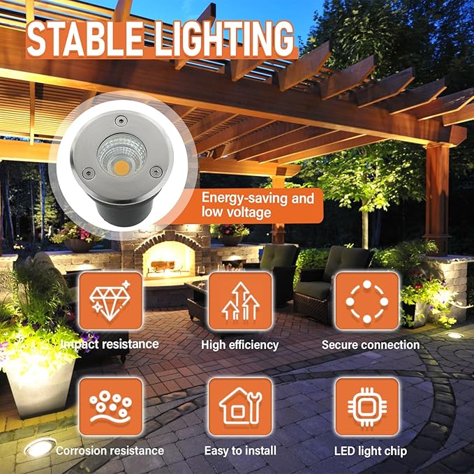 8 Pack Low Voltage Landscape Lights Well Lights 12-24V IP67 Waterproof In Ground Light and Outdoor Landscape Lighting for Garden Yard Driveway Deck Step Up Light with Connectors(Warm White)