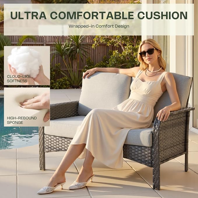 2-Piece Patio Furniture Set, Outdoor Wicker Furniture with Coffee Table, All Weather High Back Loveseat Patio Chairs, Modern Rattan Outdoor Chairs Conversation Set for Porch, Balcony, Garden,Grey