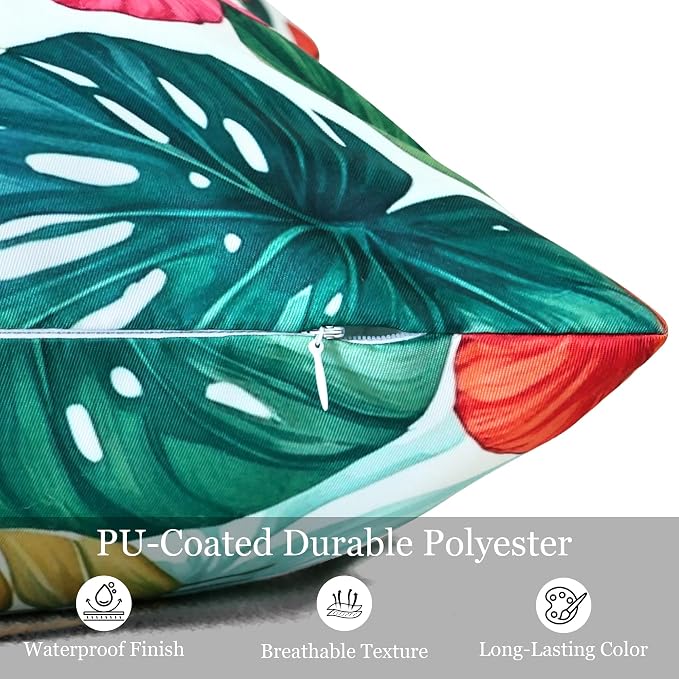 Outdoor Pillow Covers 18x18 Inch Set of 2 Tropical Floral Plants Boho Throw Pillows Cases Waterproof Square Garden Cushion Sham for Patio Funiture Tent Balcony Bench Sofa Couch, Green