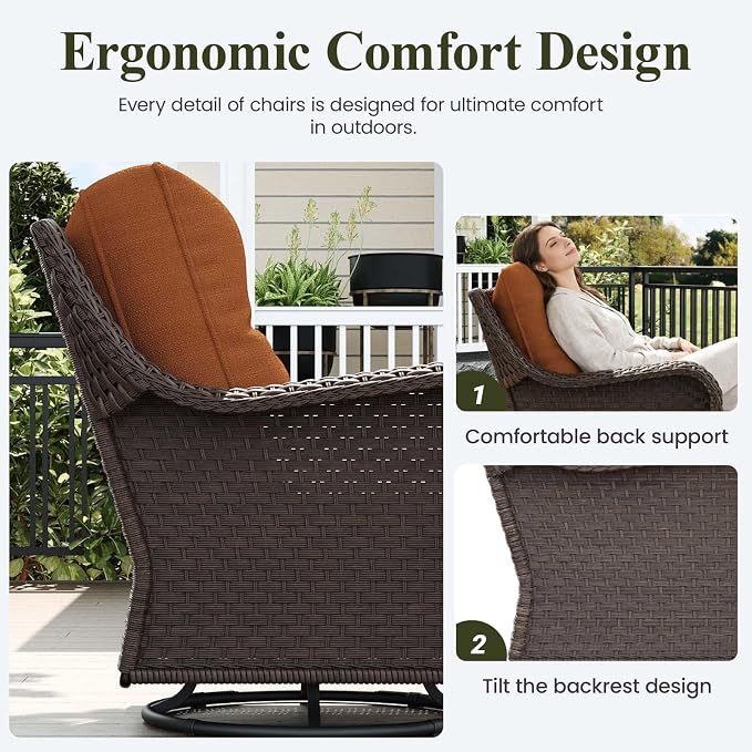 LayinSun 5 Piece Wicker Outdoor Furniture Set with 6-inch Comfy Cushions, High Back Patio Furniture Set with Swivel Rocking Chairs and Fire Pit Table