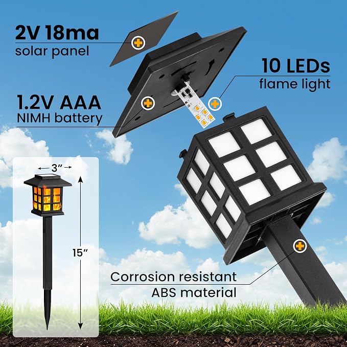 GIGALUMI Solar Lights Outdoor Waterproof 16 Pack, LED Garden Decor | Flickering Flame LED Solar Garden Lights Outdoor Decor, 8 Hours of Landscape Lighting for Garden