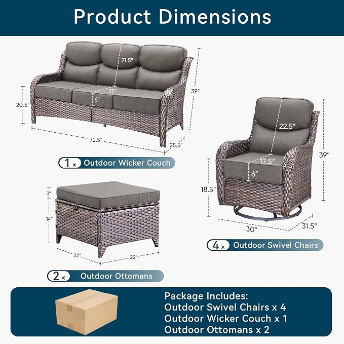 Luxury High Back Outdoor Furniture with 6-Inch Thick Cushions, Patio Furniture Set with Swivel Chairs, 7 PCS Wicker Conversation Set for Porch, Balcony, Deck and Yard