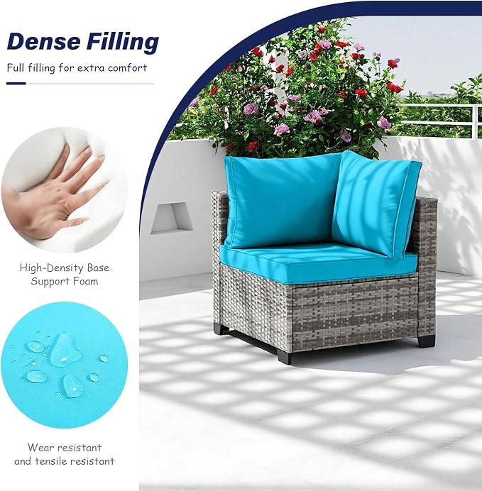 5-Piece Outdoor Patio Furniture Set, Gray PE Rattan Sectional Sofa with Turquoise Cushions and Steel Frame, Coffee Table Included, Modular Outdoor Conversation Set for Patio Garden Poolside