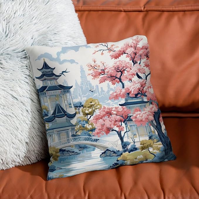 Chinoiserie Pagoda White Coral Blue Pillow Cover Chinoiserie Chic Asian Cushion Cases 26x26 INModern Accent Outdoor Garden Decoration for Patio Furniture Garden