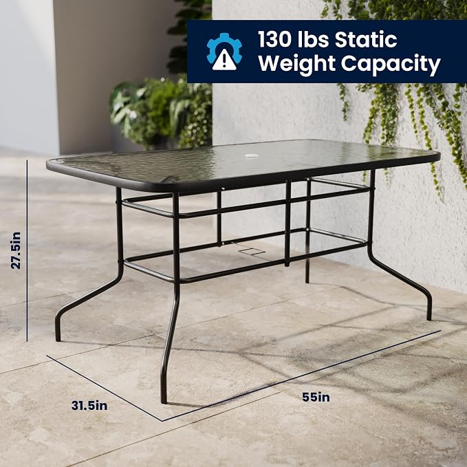 EMMA + OLIVER Patio Table & Chairs Set - Rectangular Metal Table with Tempered Glass Top - 4 Black Aluminum Stacking Chairs - All Weather for Indoor/Outdoor Use