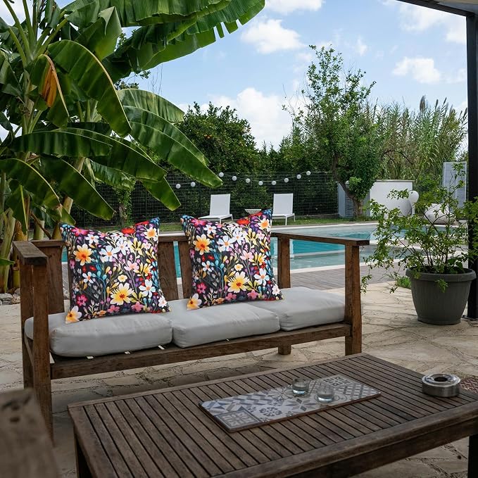 Outdoor Floral Throw Pillow Covers 18x18 Inch Set of 2 Black Waterproof Flowers Decorative Spring Summer Holiday Patio Cushion Cases for Patio Furniture Garden