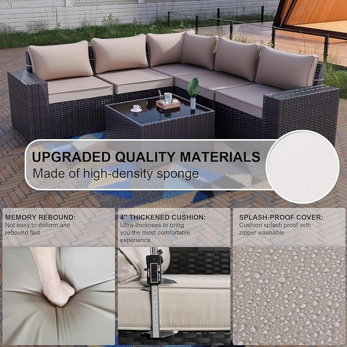 Kullavik Outdoor Patio Furniture Set 6 Pieces Sectional Rattan Sofa Set Brown PE Rattan Wicker Patio Conversation Set with 5 Seat Cushions and 1 Tempered Glass Table,Sand