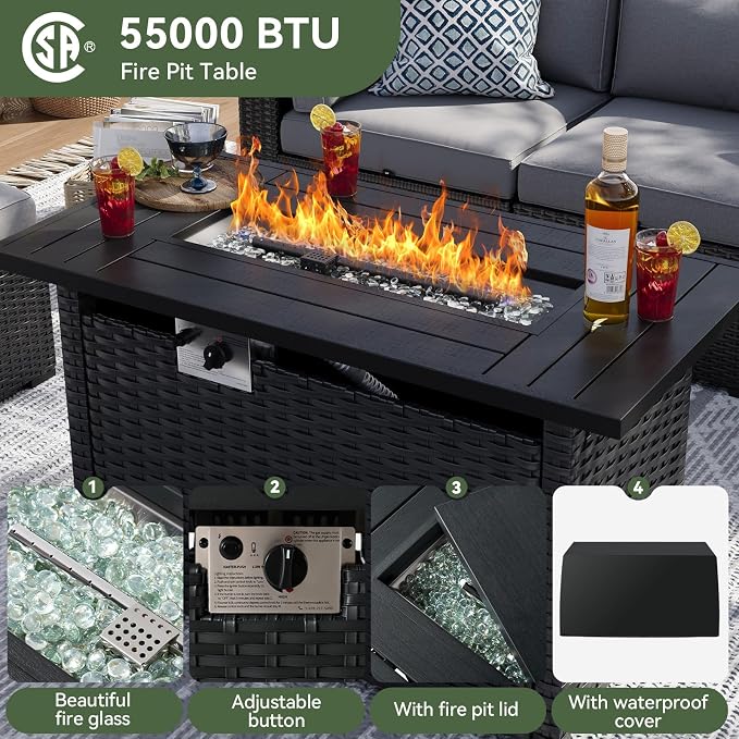 Aoxun 8 Piece Patio Furniture Set with 44" Fire Pit Table Wicker Rattan Sectional Sofa Outdoor Seating with Thickened Cushion, Grey