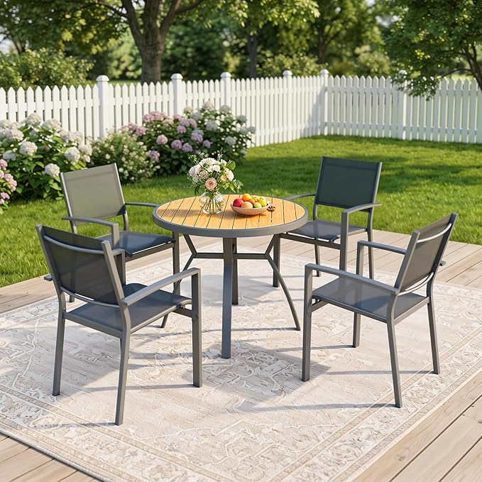 Wisteria Lane Patio Table and Chairs Set for 4, Outdoor Patio Furniture Set with Aluminum Table and Metal Textilene Chairs, All-Weather Outdoor Dining Set with HDPS Round Tabletop for Garden Porch