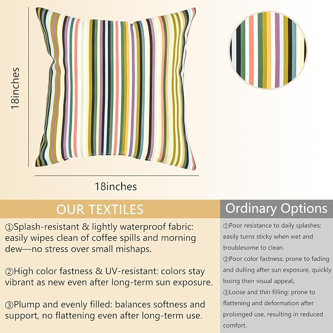 Outdoor Throw Pillows Set of 4,18×18,Waterproof for Coastal Patio | UV protected porch pillows fit balcony,outdoor dining area,lounge nook &indoor sofa for casual styling,Glade Rainbow Stripe.