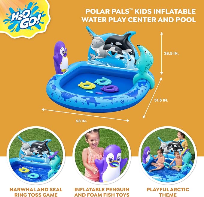 H2OGO! Polar Pals Inflatable Water Play Center, 53" x 51.5" x 28.5" Kids Outdoor Activity Center with Ring Toss Games, & Splash Pool