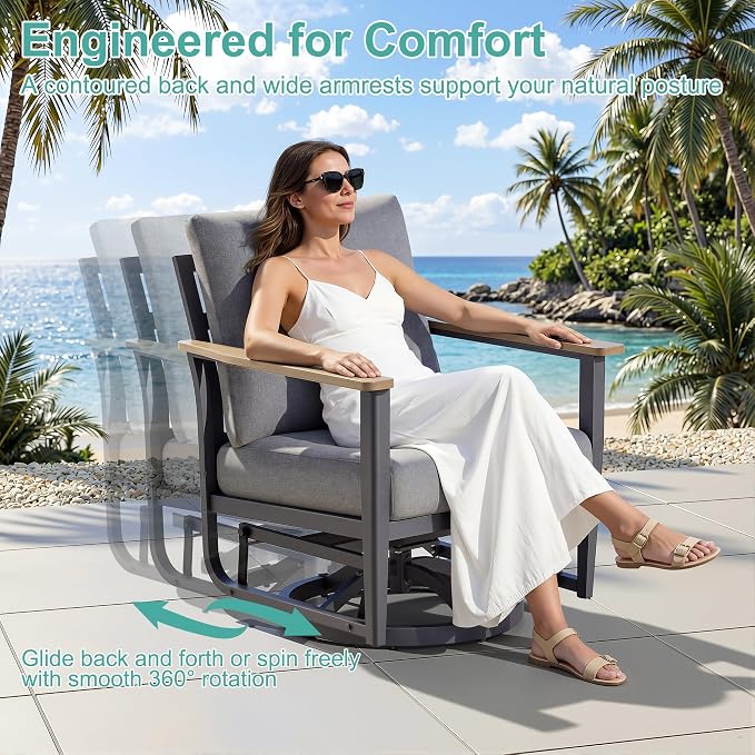 Aluminum Outdoor Patio Furniture Set with Swivel Rocking Chairs 9-Seat, Patio Sectional Sofa Patio Conversation Set with 55,000 BTU Fire Pit Table High Backrest & Thickened Cushions, Grey