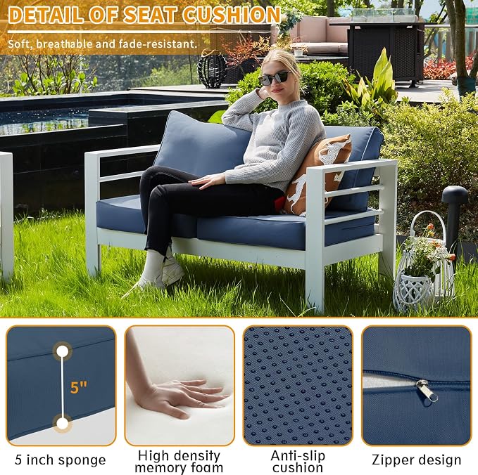 Aluminum Patio Set, 3-Seat Outdoor Furniture Set with 5 Inch Cushions, Patio Furniture Sets with Waterproof Covers for Backyard Garden(White&Blue)