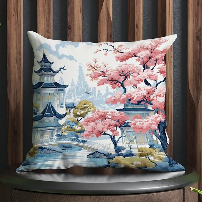 Cushion Cases Chinoiserie Pagoda White Coral Blue Pillowcase Classic Chinoiserie Chic Asian Pillow Cover Accent Farmhouse Decor Pillow for Patio Garden Couch Tent 18x18 in