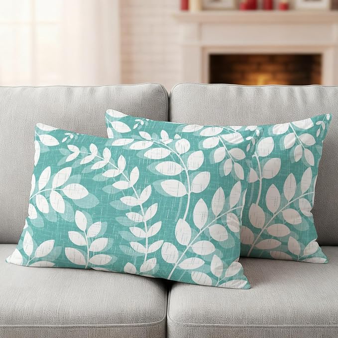 Teal Green Leaves Outdoor Waterproof Throw Pillow Covers 20x12 Set of 2, Farmhouse Botanical Branch Vintage Boho Leaf Decorative Pillowcases Cushion Pillowcase for Couch Sofa Patio Pillow Protector