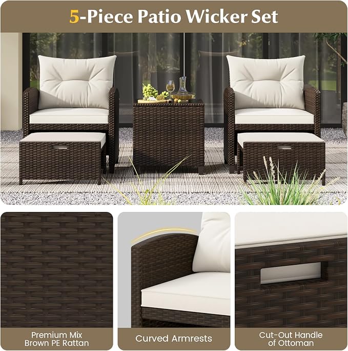 KOTEK 5 Pieces Patio Furniture Set with Ottomans, Wicker Patio Conversation Set with Coffee Table & Cushions, PE Rattan Outdoor Lounge Chairs for Backyard, Porch, Poolside (Mix Brown- Off White)