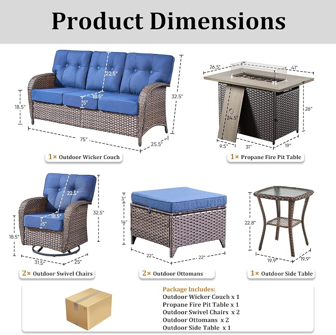 7 Piece Outdoor Patio Furniture Set with Fire Pit Table,Conversation Sectional Wicker Couch with Swivel Chairs,Modern Outside Sofa for Balcony Backyard, Brown/Blue