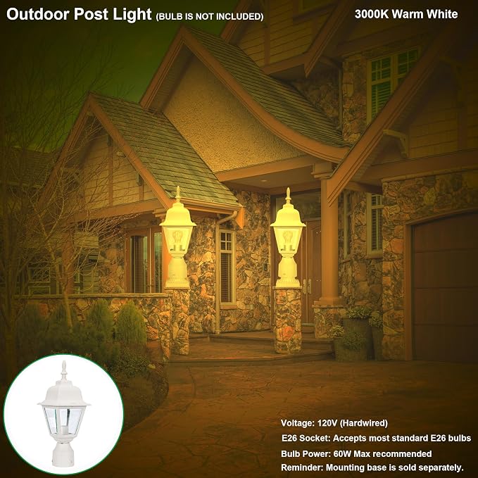 Outdoor Post Light, Rustproof Aluminum Pole Lamp, White | Exterior Lamp Post Light Fixture for Garden, Yard, Pathway, Waterproof, Glass, E26 Base, Max 60W