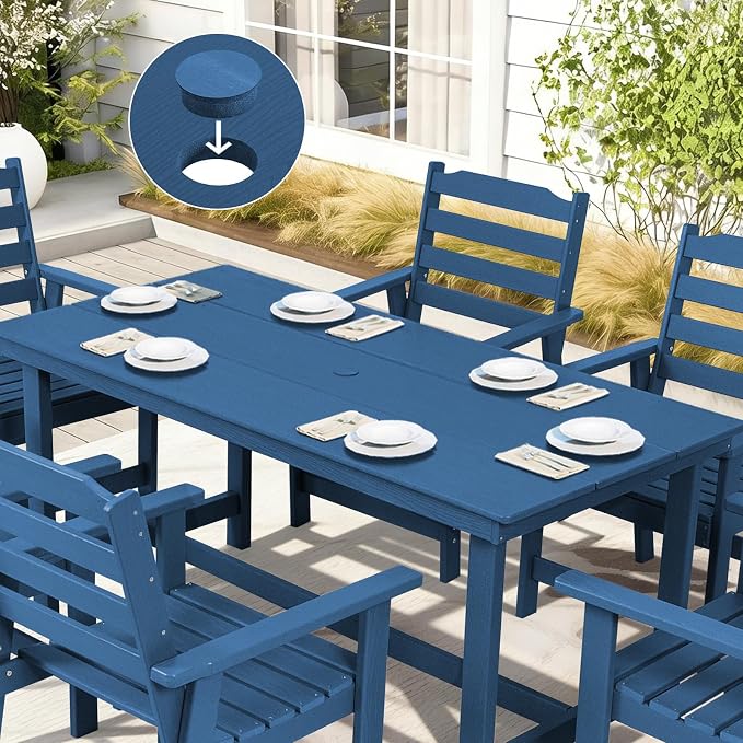 FUNBERRY Outdoor Dining Table, HDPE 6-Person Patio Table with Umbrella Hole | Wood-Grain, HDPE All Weather, No Rot or Rust or Crack, UV Fade Shield, 220LBS Weight Capacity, Easy-Clean for Outside
