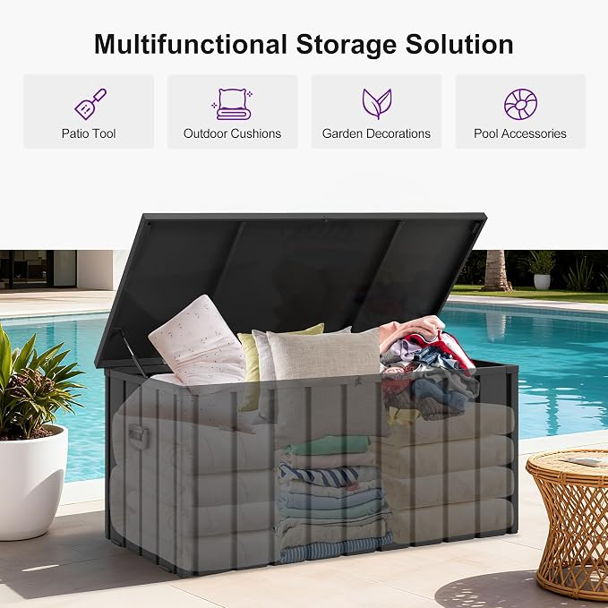PURPLE LEAF Outdoor Deck Box 150 Gallon Waterproof Lockable Storage Box Container with Lid Deck Organization for Patio Cushions Side Table Pool Accessories Garden Tools, Gray