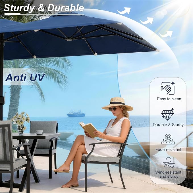 Patio Dining Set for 8 with 13.6ft Double-Sided Patio Umbrella,Outdoor Dining Set of 4 Metal Chairs and 2 Swivel Chairs with Umbrella Hole Table for Backyard,Garden,and Poolside(Grey)