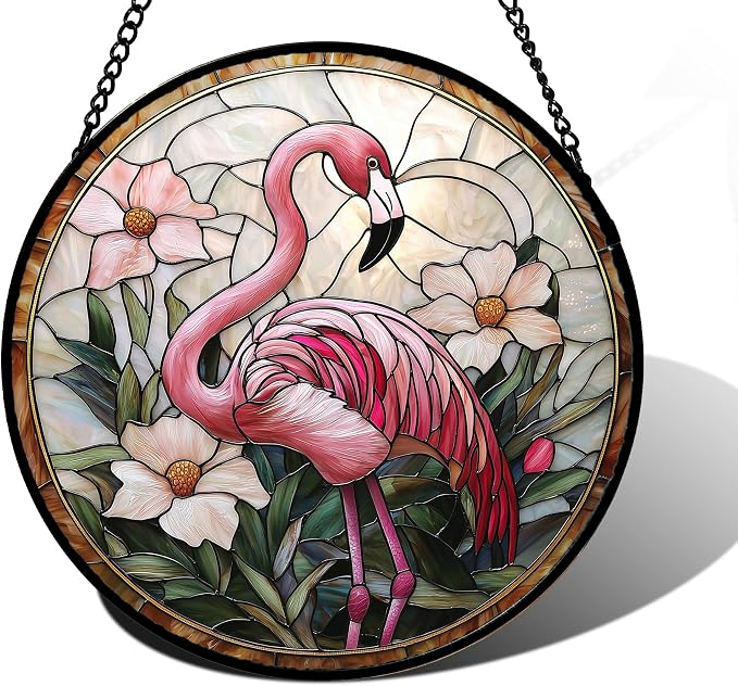 DASTOLL Stained Glass Window Hanging, Flamingo Flower Sun Catchers Diamond Glass Panel Hangings Pink Suncatcher Decor for Birthday for Women, Men, Wife, Aunt, and Mom 11.8x11.8 in