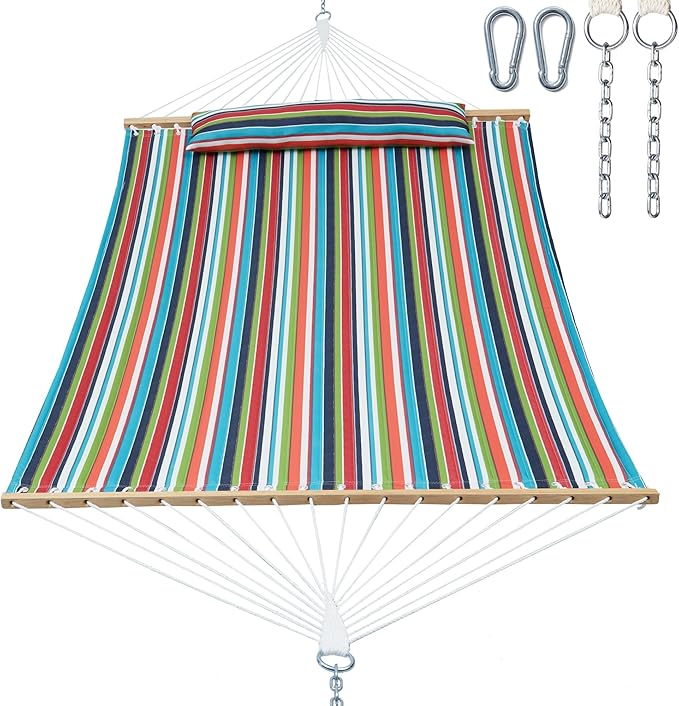 GAFETE Hammock 2 Person Quilted Fabric Hammocks for Outside, Double 12ft Hammocks with Spreader Bar, Large Removable Pillow, Storage Bag, Carabiners, Max 475 lbs Capacity (Tropical)