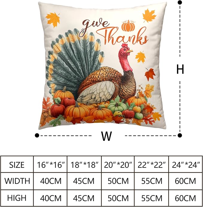 Set of 2 Thanksgiving Throw Pillow Covers 22x22 Turkey with Autumn Pumpkin Pillow Covers Fall Harvest Pillow Case Square Cushion Case for Living Room Couch